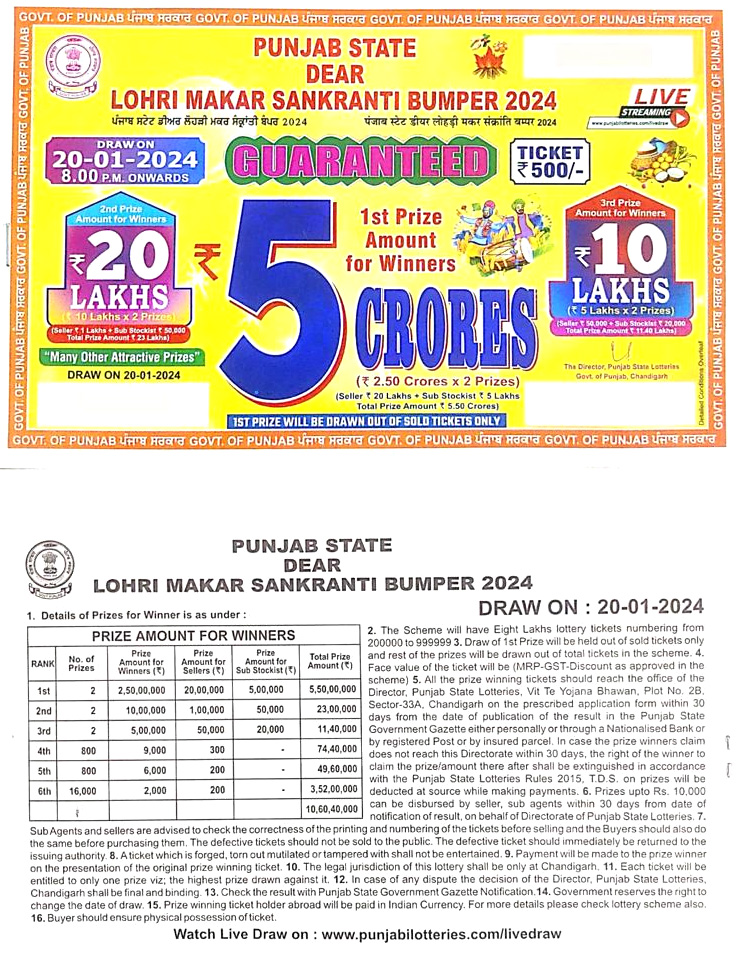 Punjab State Lotteries Baisakhi Bumper Lottery Ticket 2024